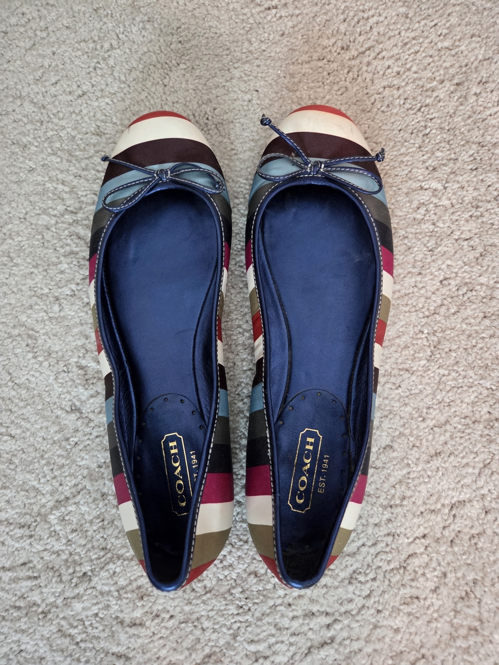 COACH Multicolor Striped Satin Ballet Flats with Navy Insole